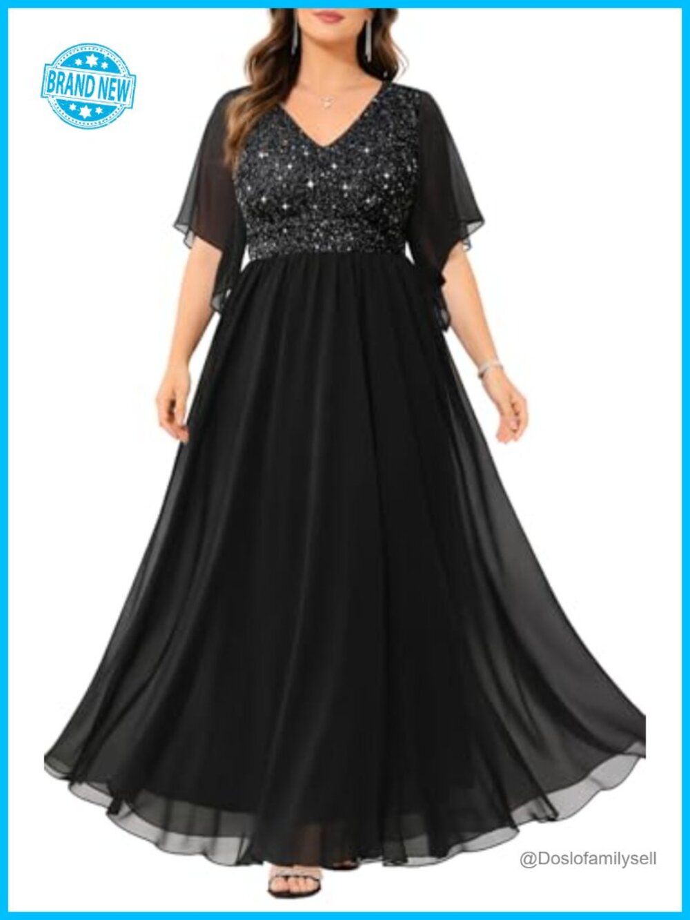 Plus Size Sequin Formal Evening Gown Prom Cape Sleeve Floor Length Dress